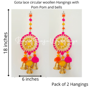 Decorative Gota Hangings embellished with pom poms and brass bells. (Pack of 2)