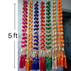 Pom Pom Hangings with golden beads and tassel endings (Pack of 10 strings,5 ft)