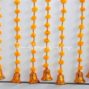 Pom pom hangings with beads and bells – Haldi decor (Pack of 10 strings,5 ft long)