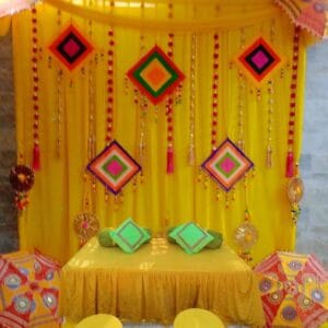 Haldi backdrop decoration kit ( 5 kites ,4 rajasthani umbrellas,10 pom pom hangings,5 gota ring hangings)