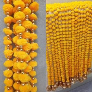 Pom pom hangings with beads and bells – Haldi decor (Pack of 10 strings,5 ft long)