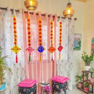Handmade Artificial Marigold Fluffy Flowers Colorful Woolen Kite Hanging
