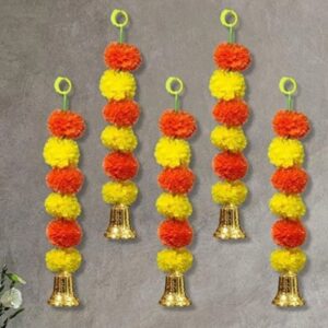 Marigold hangings with bells for idol backdrop decoration or pooja /festive decoration at home (Pack of 12)