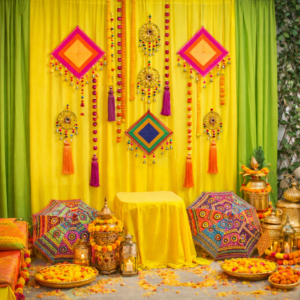 Haldi decoration set (backdrop curtains+props)