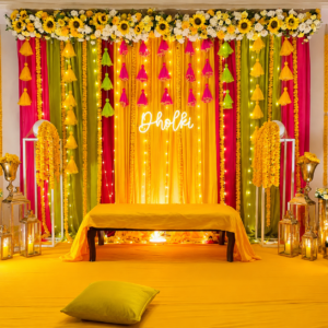 Multicolor Tassels Haldi Backdrop set ( Curtains+ props)