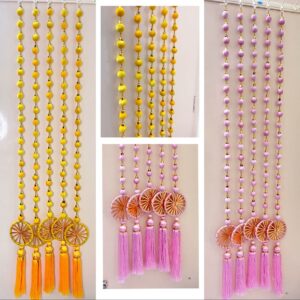 Ball Pom Pom Hangings with wheel and tassel endings (Pack of 10 strings,5 ft)