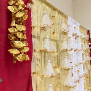 White and golden elegant backdrop decor ( Stitched curtains+Props)