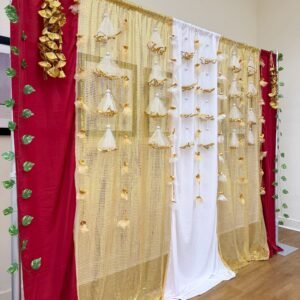 White and golden elegant backdrop decor ( Stitched curtains+Props)