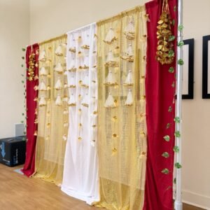 White and golden elegant backdrop decor ( Stitched curtains+Props)