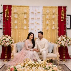 White and golden elegant backdrop decor ( Stitched curtains+Props)